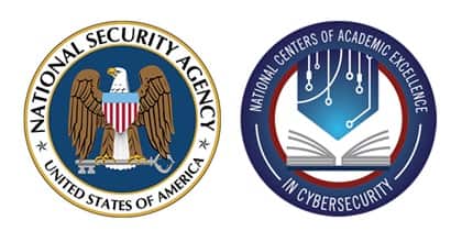 The National Security Agency logo to the left of the National Centers of Academic Excellence in Cybersecurity logo.