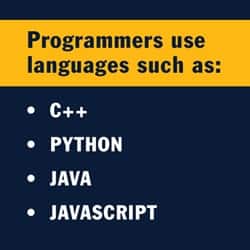 A blue and yellow infographic with the text programmers use languages such as: C++, Python, Java and Javascript