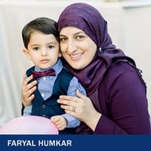 Faryal Humkar with her son, Hasan Razak, and the text 'Faryal Humkar'