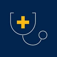 A stethoscope graphic with a yellow cross and a blue background
