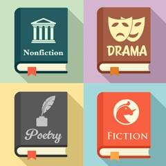 4 book covers depicting different types of genres from left-to-right: Nonfiction, Drama, Poetry, Fiction