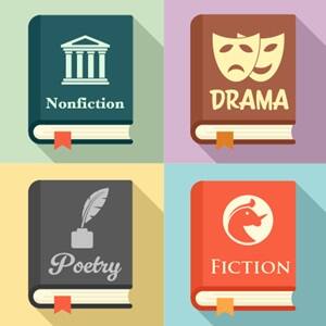 4 book covers depicting different types of genres from left-to-right: Nonfiction, Drama, Poetry, Fiction