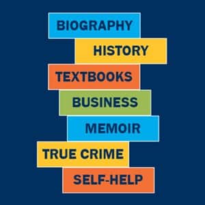 A visual of stacked books with the text biography, history, textbooks, business, memoir, true crime, self-help