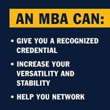 A blue infographic piece with the text An MBA can: Give you a recognized credential, Increase your versatility and stability, Help you network