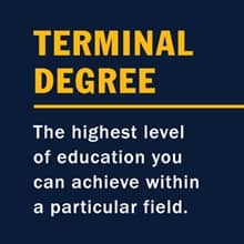 A blue infographic piece with the text Terminal Degree The highest level of education you can achieve within a particular field.