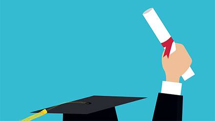 Illustration of a graduation cap and a raised hand holding a diploma tied with a red ribbon against a blue background.