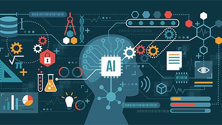 An icon of a human head with an AI box at the center and gears, graphs, beakers, rulers and documents stemming from it.
