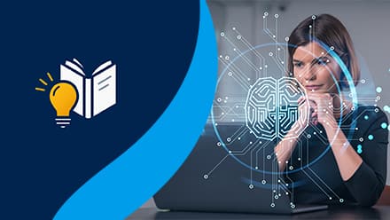 A person resting her chin on her folded hands, researching AI courses on a laptop, to the right of a decorative icon of a lightbulb and open book.