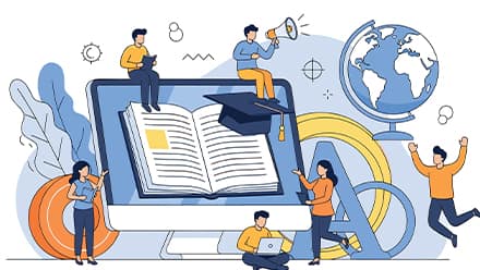 Cartoon people gathered around a giant depiction of a computer to represent earning an AI degree.