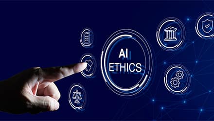 A hand pointing to a digital screen labeled 'AI Ethics,' surrounded by icons representing governance, policy and safety.
