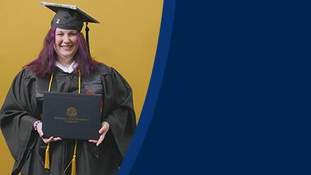 Amber Bownan, an associate in liberal arts and bachelor's in general studies graduate from SNHU wearing her cap and gown in front of a yellow background.