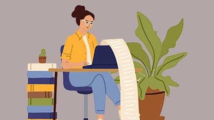 A cartoon writer wearing a yellow jacket, typing on a laptop with a long piece of paper coming out of it and hanging toward the ground.