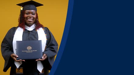 Candace Boyer, a 2025 SNHU graduate who earned her bachelor's in psychology wearing her cap and gown in front of a yellow background.