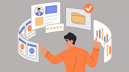 Illustration of an industrial-organizational psychology professional reviewing employee profiles, performance data, assessments and organizational records on a digital dashboard.