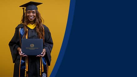 Chantel Hutchison, a 2025 SNHU graduate who earned her bachelor's in public health, holding her diploma and wearing her cap and gown in front of a yellow background.