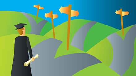 An illustration of a college student, in a cap and gown, walking down a road that leads to multiple pathways to choose from.