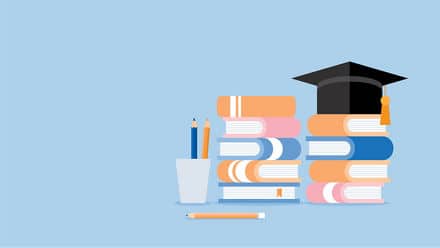 Illustrated pencils, stacks of books and a graduation cap to represent colleges and universities.