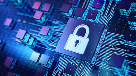 Graphic treatment of a cybersecurity lock with technical wires behind it.