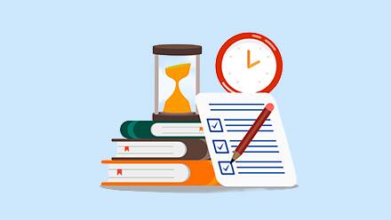 An illustrated stack of books, clock, timer and checklist to represent college credits over time.