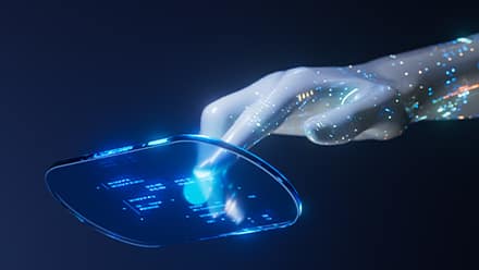 A futuristic robot hand touching a floating glass screen.