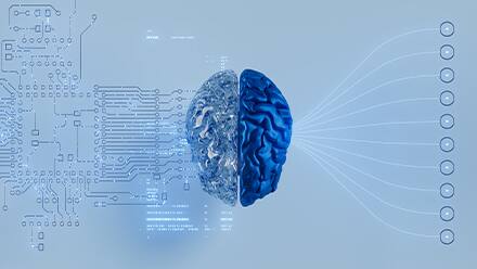 A brain with one half made of circuits and the other half human, showing a mix of technology and mind.