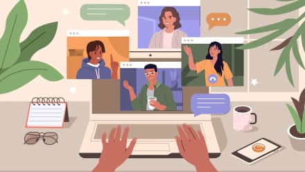 Hands over a laptop featuring videos of different people, representing online connections.