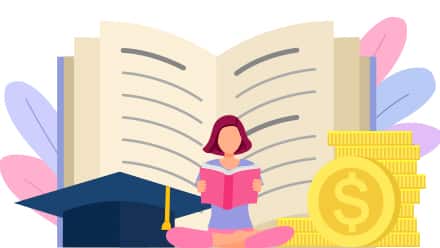 A cartoon of a woman reading, surrounded by a large graduation cap, book and coins.