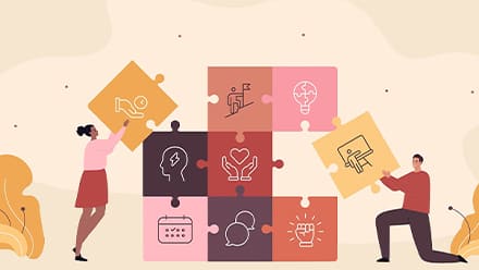 Illustration of people assembling puzzle pieces with symbols representing communication, creativity and critical thinking in the humanities.