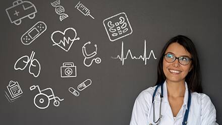 A medical professional in front of a black background with health related icons representing the importance of health education
