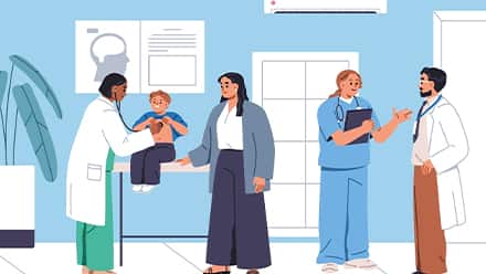 An illustration of a nurse interacting with a child and his mother in a clinical setting while another nurse converses with a doctor.