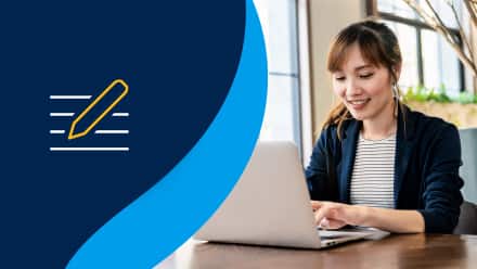 A graphic of a pencil over paper with a blue background next to an image a woman searching is a liberal arts degree worth it on her laptop.