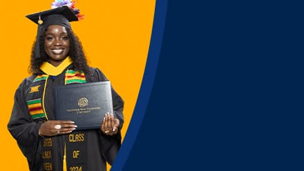 Kendreka Griffin, a 2024 SNHU graduate who earned her bachelor's in business administration, wearing her cap and gown in front of a yellow background, holding her diploma.