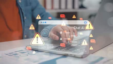 A person on their laptop surrounded by warning icons to represent AI misinformation and disinformation.