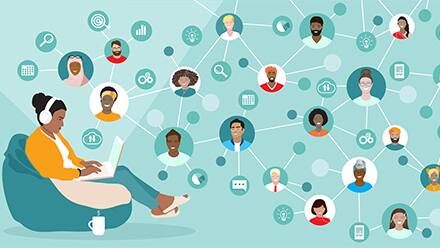A cartoon woman sitting with her laptop, surrounded by a network of connections representing an online learning community.