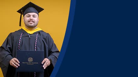 Payton Good, a 2025 SNHU graduate who earned his bachelor's in operations management wearing his cap and gown in front of a yellow background. 