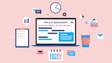 A laptop displaying a project management timeline with planning and communication icons.