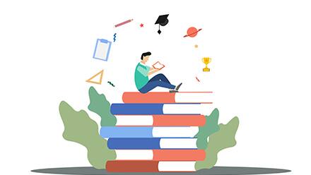 A cartoon man sitting on a giant stack of books, surrounded by icons including a pencil, grad cap, planet, trophy, clipboard and several other shapes.