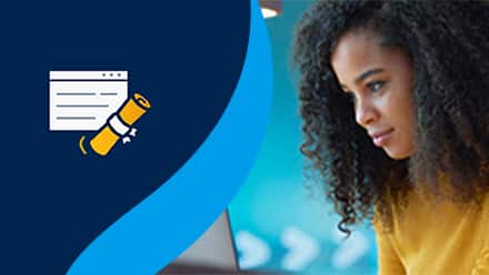 A college student using a laptop to the right of an icon of a diploma and web browser, representing an online degree.