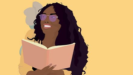 An illustration of a smiling woman with long curly hair wearing glasses, holding an open book against a yellow background.