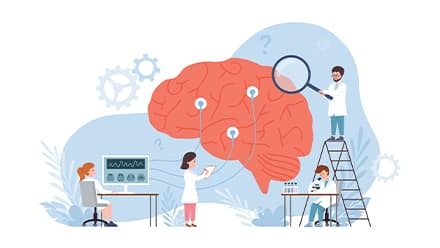 A group of cartoon healthcare professionals working together on a cartoon brain.