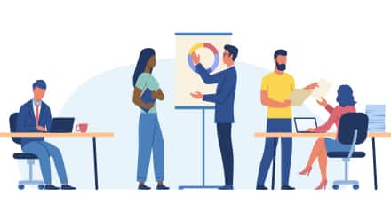 Five cartoon people discussing different types of business degree