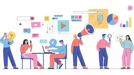A colorful and stylized illustration related to marketing concepts. It features a variety of characters engaged in different activities typically associated with the types marketing.