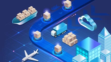 A digital illustration of a transportation map, including an icon of a plane, truck, boat and buildings.