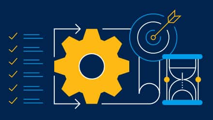 A blue background with a yellow graphic gear in the center surrounded by a graphic bullseye, sandglass and check list