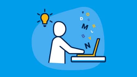 An illustration of a creative writer with a lightbulb above them, typing on a laptop with letters floating above the keyboard.
