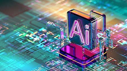 A colorful block that says AI hovering above a computer board