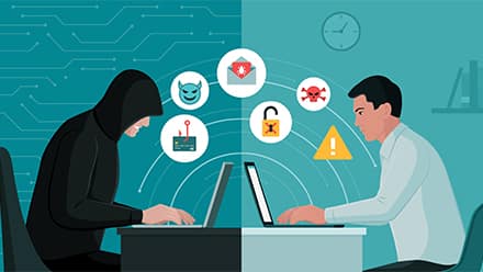 A two-panel illustration depicting a cybercriminal attempting to access sensitive information and an average internet user typing on a laptop.