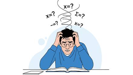An illustrated man looking distressed with a flurry of equations above his head, representing math anxiety.