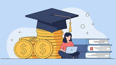 Illustration of stacked gold coins topped with a graduation cap beside a person using a laptop and a stack of books.