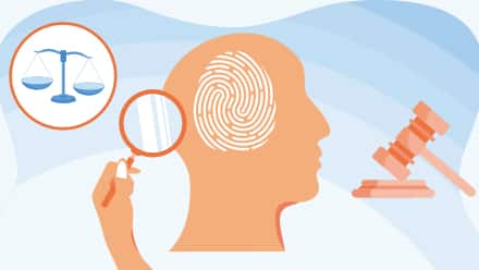 A fingerprint inside a silhouette of a human head surrounded by a gavel, a magnifying glass and the scales of justice to represent forensic psychology.